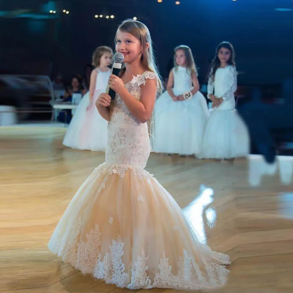 Robes de concours de forme sirène pour filles, sans manches, col en V, avec des Appliques en dentelle et en Tulle, longues robes de soirée formelles pour filles, taille personnalisée, nouvelle mode