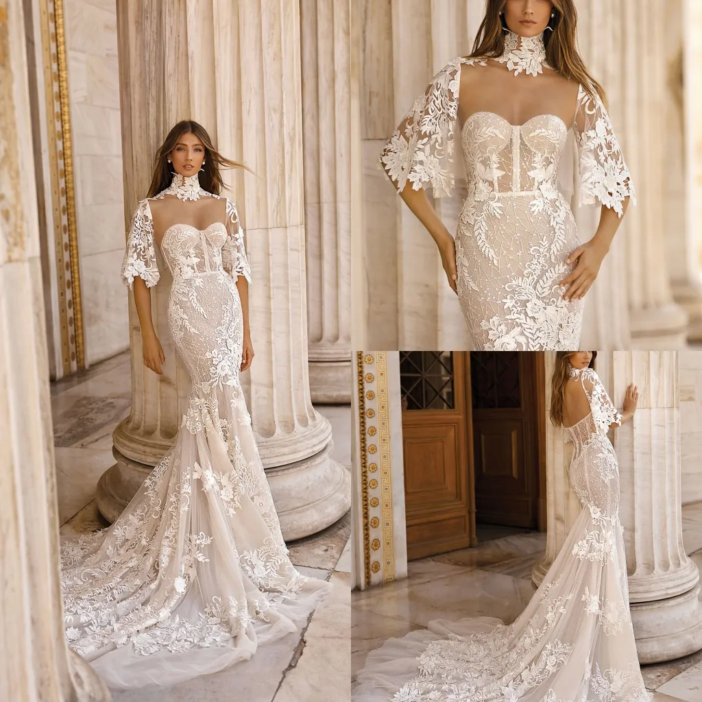 Wunderschöne Berta Meerjungfrau 2019 Brautkleider mit Wickelkleid Vestidos de Noiva Perlen Schatz Spitze Brautkleider Strand Sweep Zug Brautkleid