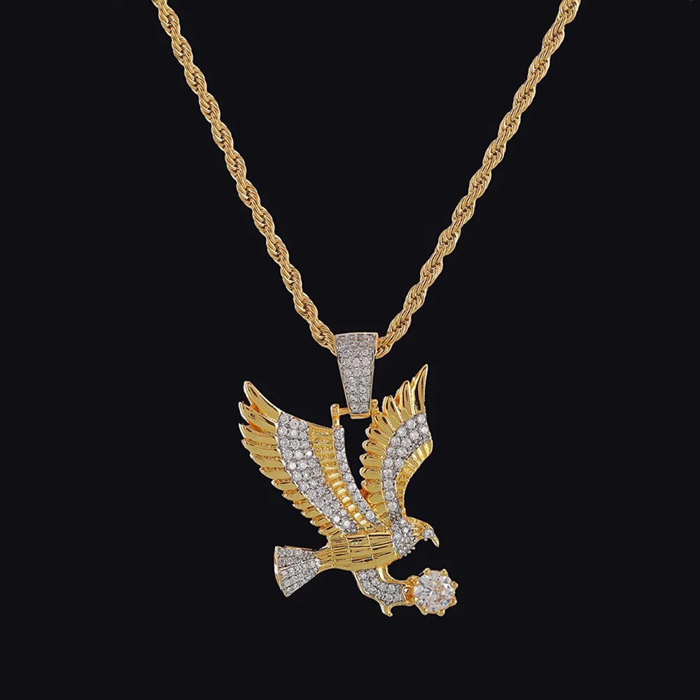 Collier pendentif aigle Animal pour hommes, bijoux Hip hop, Zircon cubique scintillant, une couleur glacée, cadeau