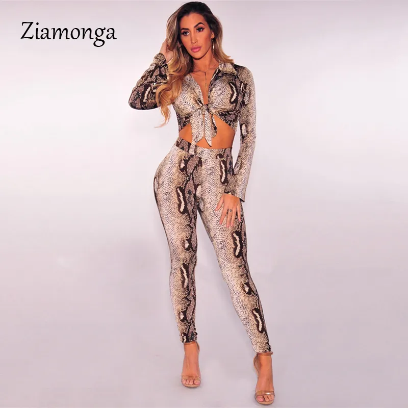 Ziamonga Leopard 뱀 인쇄 두 조각 세트 여성 가을 ​​의류 섹시한 클럽 의상 긴 소매 자르기 탑 팬츠 2 조각 일치 세트