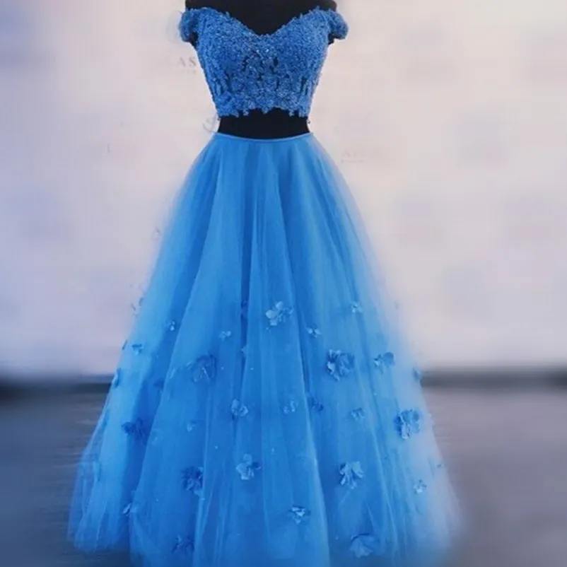 Niebieskie Dwa kawałki Prom Dresses Koronki Top I Tulle Długa Spódnica Suknie Wieczorowe Długość Piętro Koktajl Party Dress Tanie