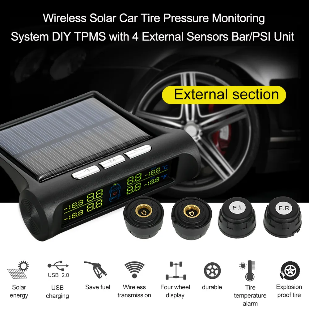 Freeshipping Wireless Solar Car Tire Pressure Monitoring System DIY TPMS with 4 External Sensors Bar/PSI Unit