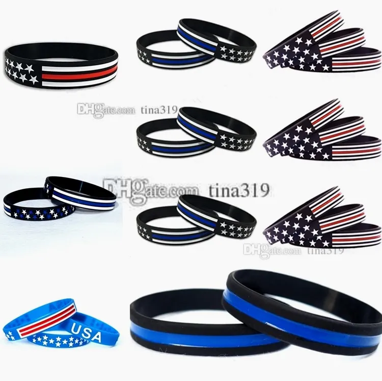 Nieuwe dunne blauwe lijn Amerikaanse vlag siliconen polsband dunne rode lijn VS vlag hand cirkel mode armbanden C0222