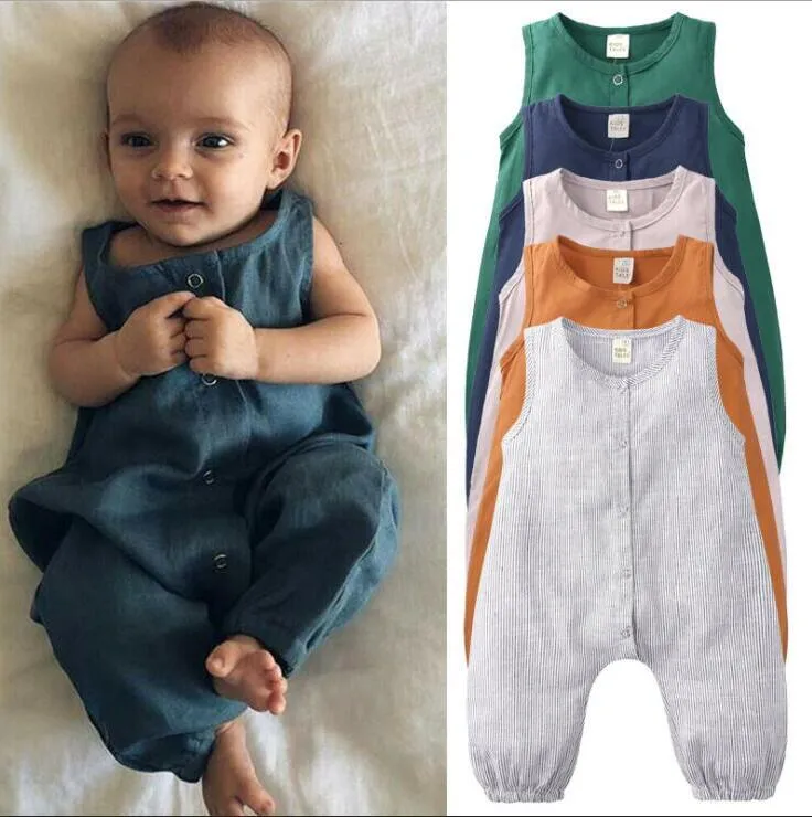 Babykläder barn pojkar bomullslinne rommar sommar solid ärmlösa andningsbara jumpsuits onesies ins bodysuits mode overalls byp792