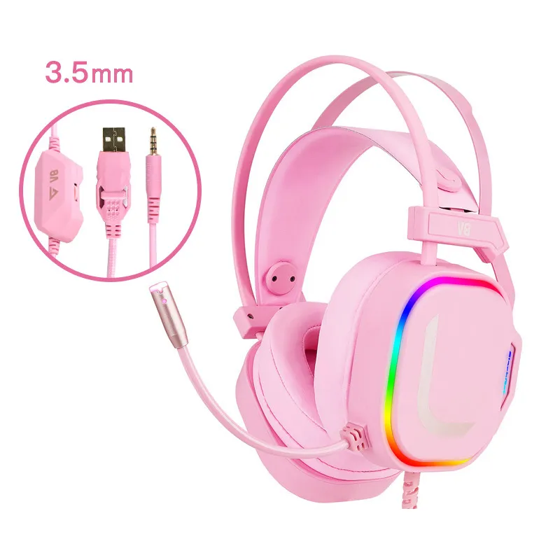 Casque de jeu USB 7.1 fille rose casques antibruit pour PC ordinateur  portable téléphone tablette jeux 3.5mm Microphone 7 LED colorées