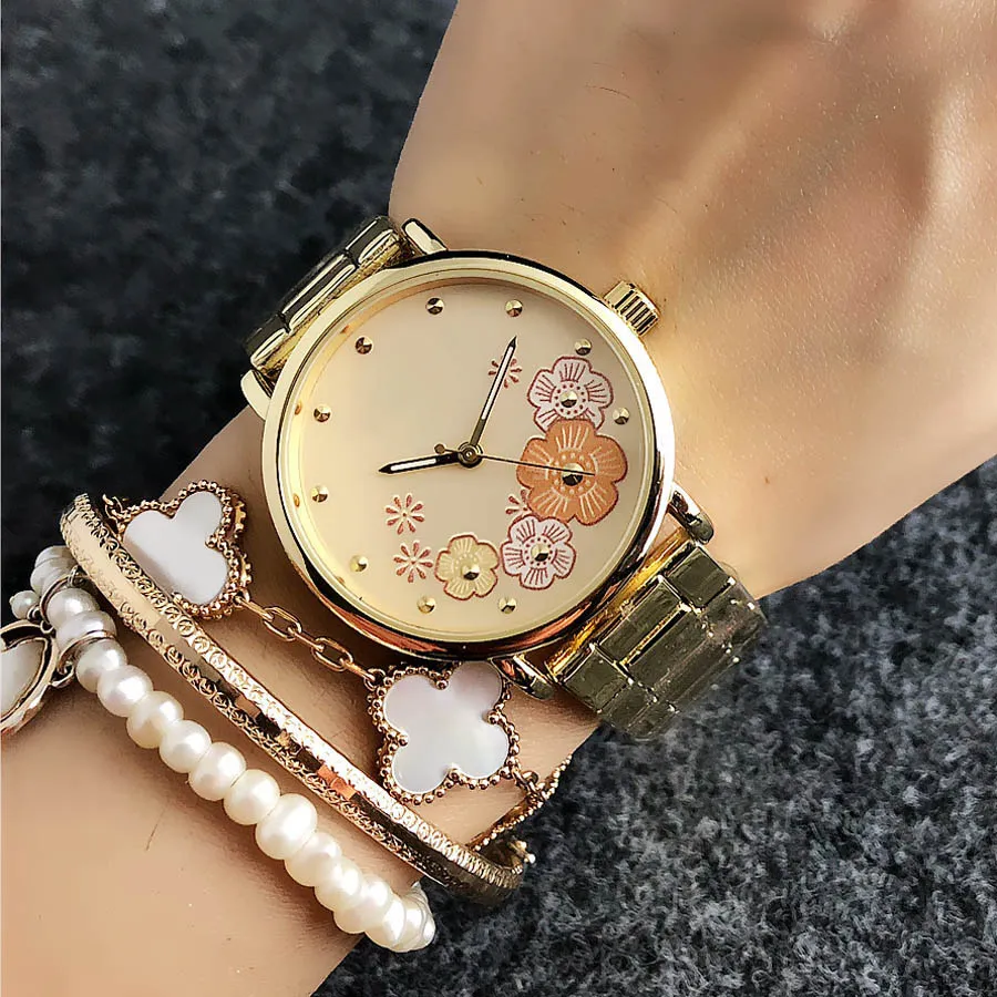 Moda M Diseño de flores Relojes de marca Mujer Chica Banda de acero de metal Reloj de pulsera de cuarzo M72