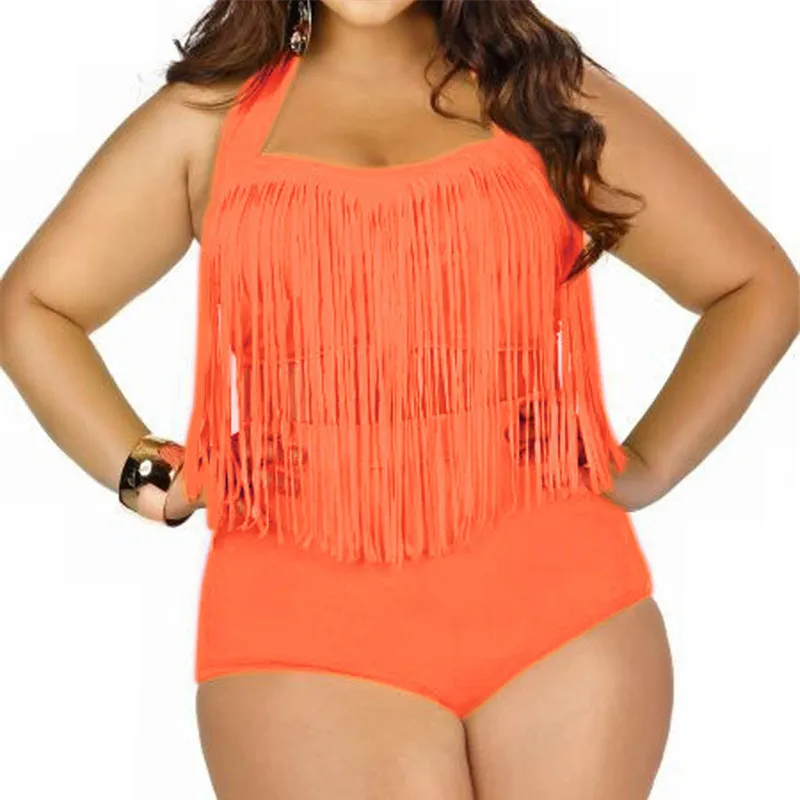 Plus Size Neon Bikini Set Dames Dames Retro Push Up Tassel Hoge Taille Badpak Mama Badmode Badpak