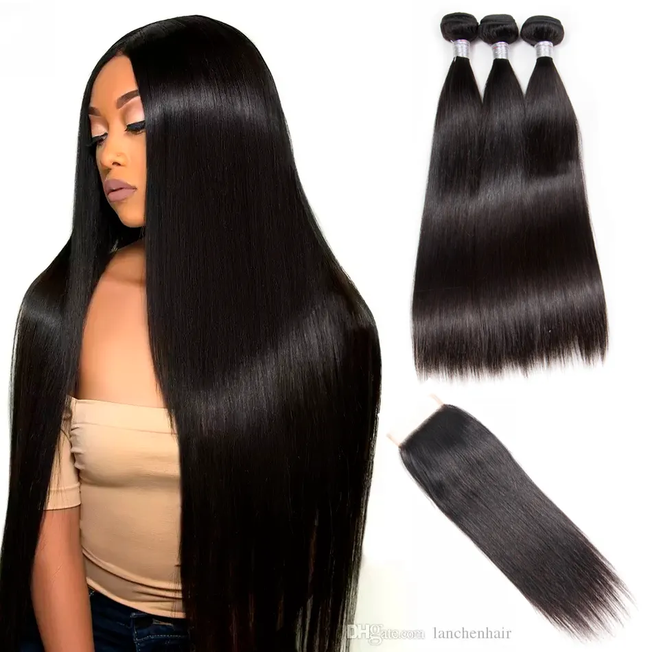 Rak hårbuntar med spetsavslutning Brasilianska Virgin Hair Weave 3bundles med stängning 100% Remy Human Hair Factory Partihandel