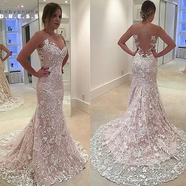 Vestidos de novia de encaje de moda Diseño de diseñador Sirena recortada Volver Capilla Tren Volantes Vestidos de novia baratos de buena calidad