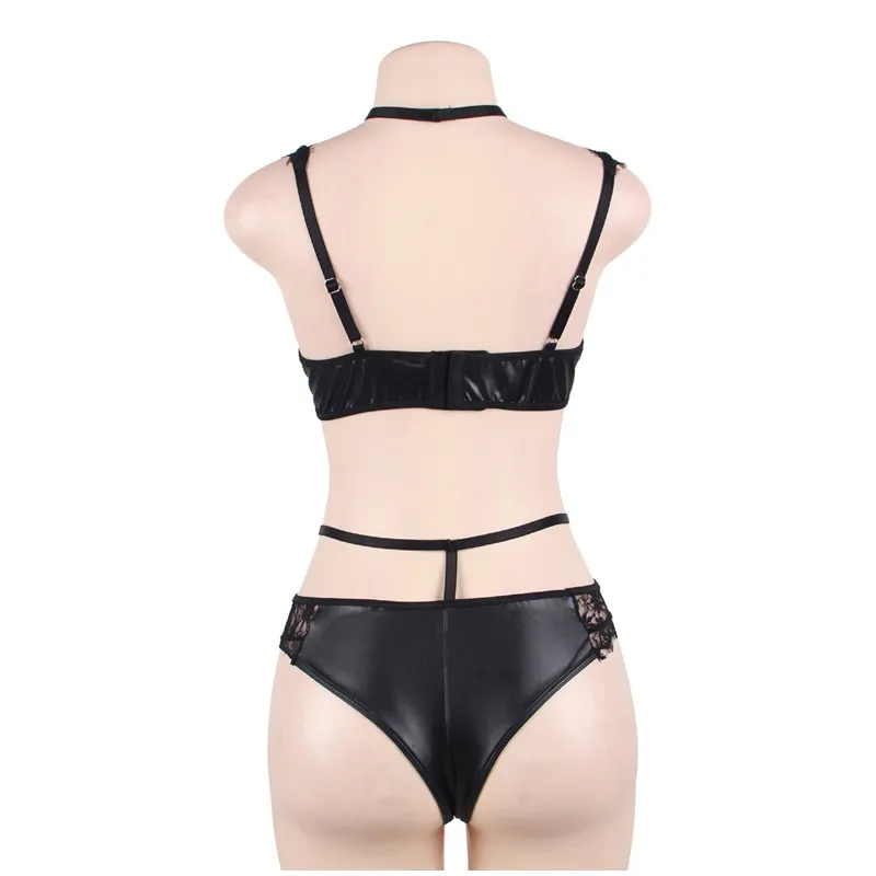 Lingerie érotique pour femmes, ensemble de soutien-gorge en cuir PU et dentelle, noir, Sexy, soutien-gorge Transparent, culotte ajourée, sous-vêtements