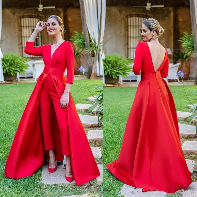 Red Long Sleeves V Neck Long Jumpsuit For Evening Party Wear Backless Formal Party Prom Dresses With Over Skirt BC1821