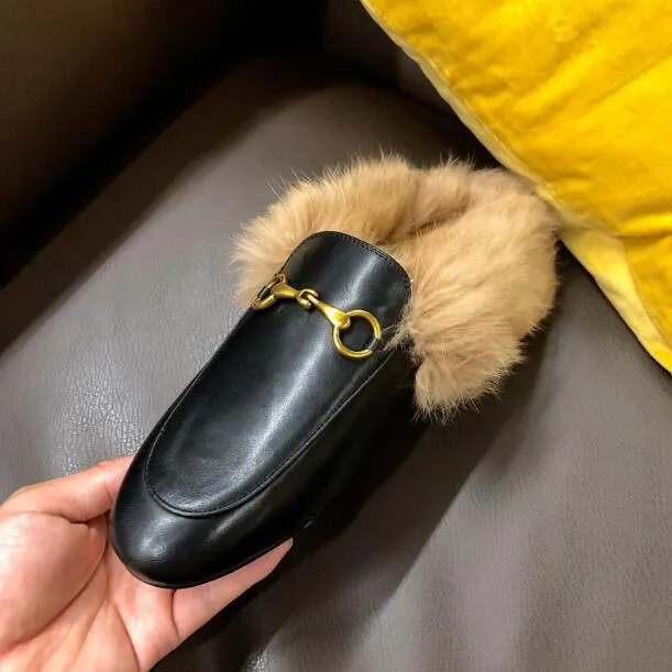 Luxury Women Real Fur Lazy Slippers Genuine Leather Brand Designer