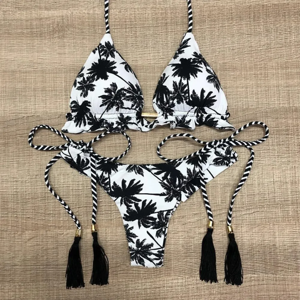 Melpheier Bikini 2020 Girls String Ties Halter Бразильский Бикини Купальник Письмо Печать Купальники Летний Пляж Носить Купающийся Костюм