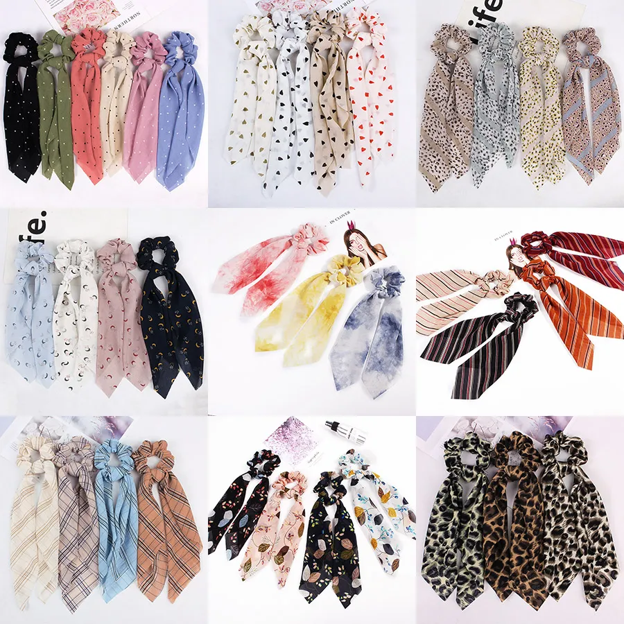 36 Stil Kvinnor Flicka Elastiska Hårband Streamer Tillbehör Scrunchies Plaid Stripe Leopard Chiffong Turban Ponytailhållare Hårband M1774