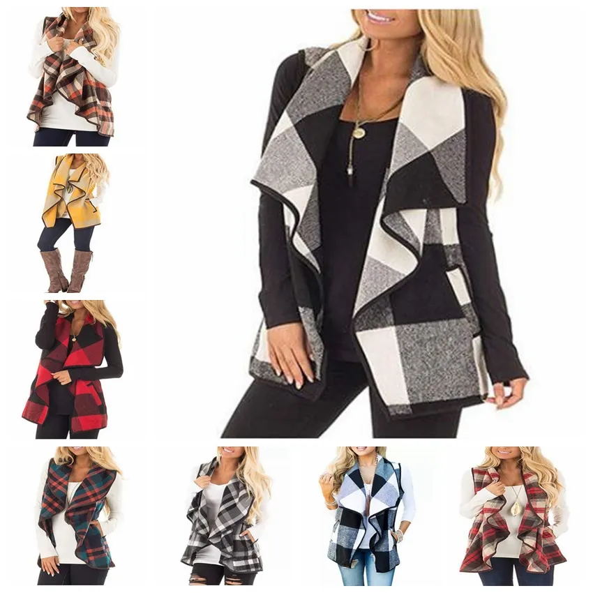 Plaid Waistcoats Women Checking Cardigan Grid Vinter Ärmlös Västar Tryckt Co Shirt Lapel Fashion Casual Pocket Jackor Toppar Blusas D6789