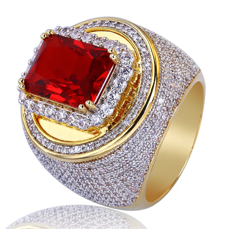 Moda Hip Hop Anelli placcati oro per uomo 3A Cubic Zirconia Red Gem Hiphop Ring Mens Fashion Jewelry