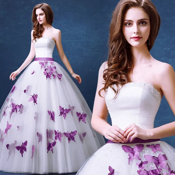 Printemps 2020 belles robes de mariée violettes et blanches sans bretelles encolure perlée à lacets dans le dos en forme de papillon robes de mariée appliquées dernières