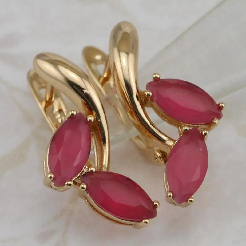 Mode-Eenvoudige Elegante Mooie Rose Rode CZ Edelstenen Hoepel Oorbellen Geel Gouden Vergulde Sieraden Cadeau Voor Vrouwen EB541A