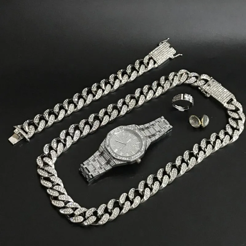 Män Silver Watch Hip Hop Men Watch Halsband Braclete Ring Örhängen Combo Ställ ut Kubansk hiphop för