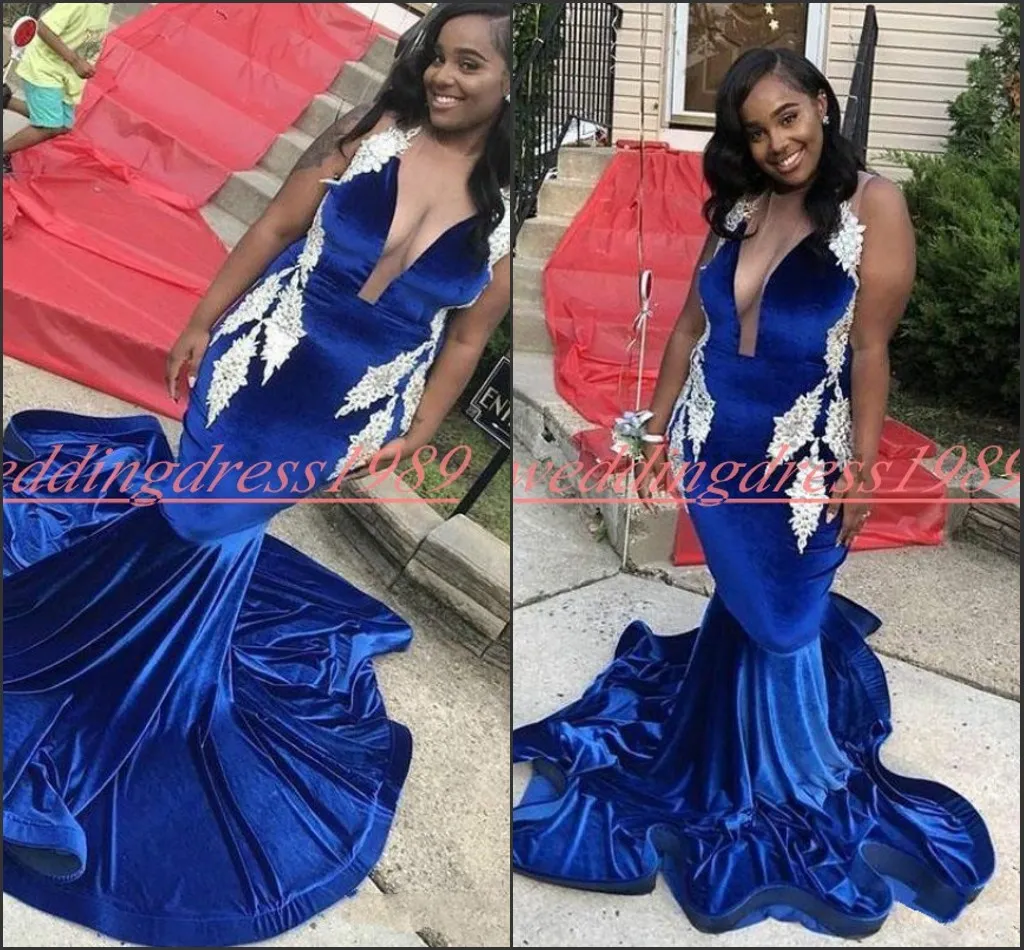 Sexy Velvet Mermaid Prom Dresses Evening Gowns With Applique Sheer African Sleeveless Plus Size Black Girl Formal Party Robe De Soiree