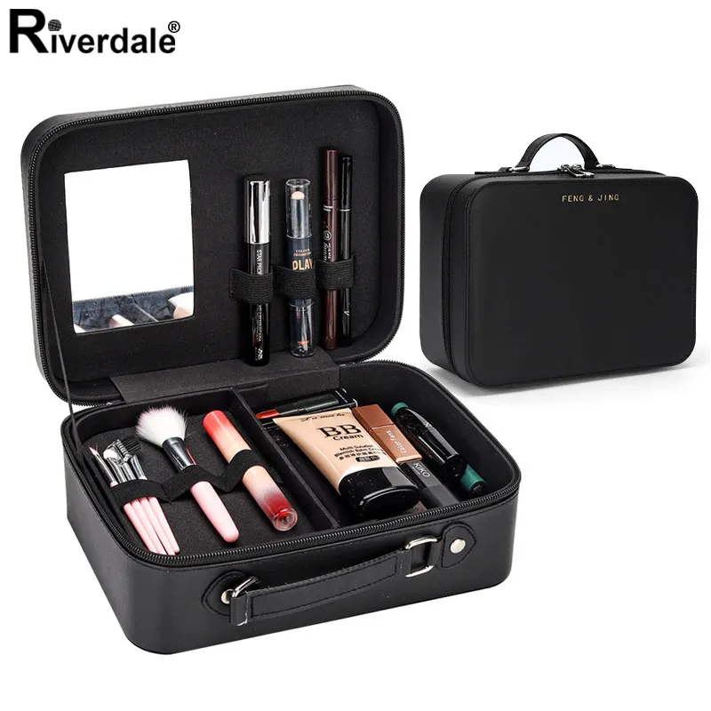 Borsa per trucco da viaggio in pelle di lusso Specchio Piccola custodia per trucco femminile Organizer Borsa per cosmetici a doppio strato per scatola di immagazzinaggio della valigia