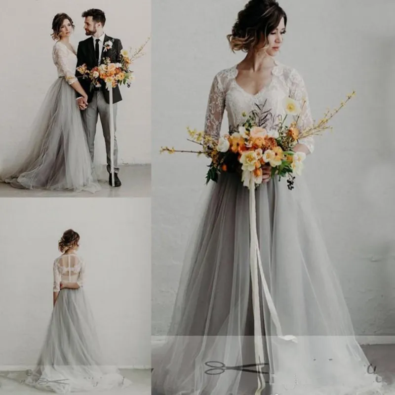 Elegant Lace V Neck A Line Grey Wedding Dress 2024 Half