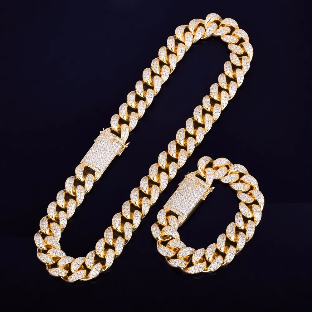 Heavy Cubic Zirconia Miami Homens Colar de cadeia cubano com Colar Pulseira Set Gold Silver 20 milímetros Big Choker Hip hop Jóias 16" 18"