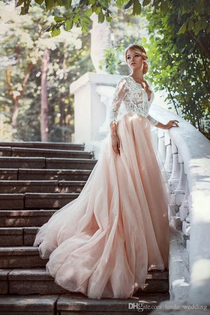 Romantic Lace Tulle Gypsy Wedding Dress with Arabic A-Line and Deep V-Neckline - Customizable Plus Size Bridal Gown for - 2019 Collection