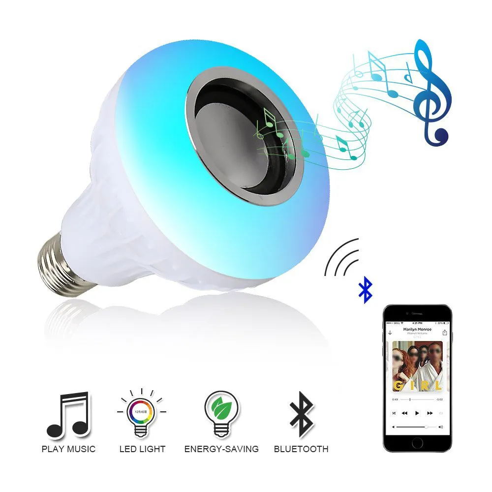 Trådlös Bluetooth-högtalare + 12W RGB LED LED-lampa 110V 220V Smart LED Light Music Player Audio med fjärrkontroll