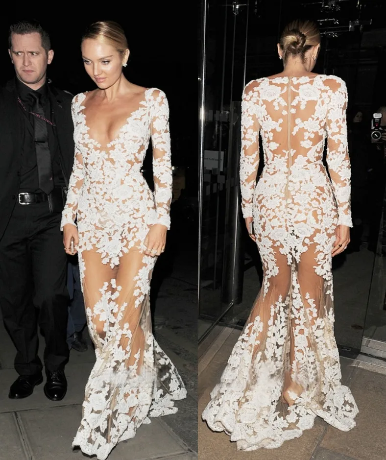 Zuhair Murad Mermaid Style Dresses Sheer Lace Evening Dresses Long Sleeves v Neck Depliques Long Candice Swanepoel Werks Ollusion Prom Celebrity Ordrity
