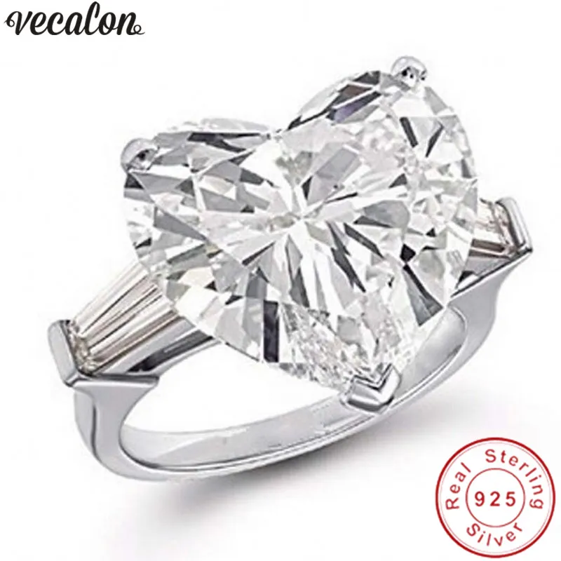 Vecalon Heart Love Ring 925スターリングシルバーダイヤモンドソナCZの婚約ウェディングバンドリング女性ブライダルフィンガージュエリー