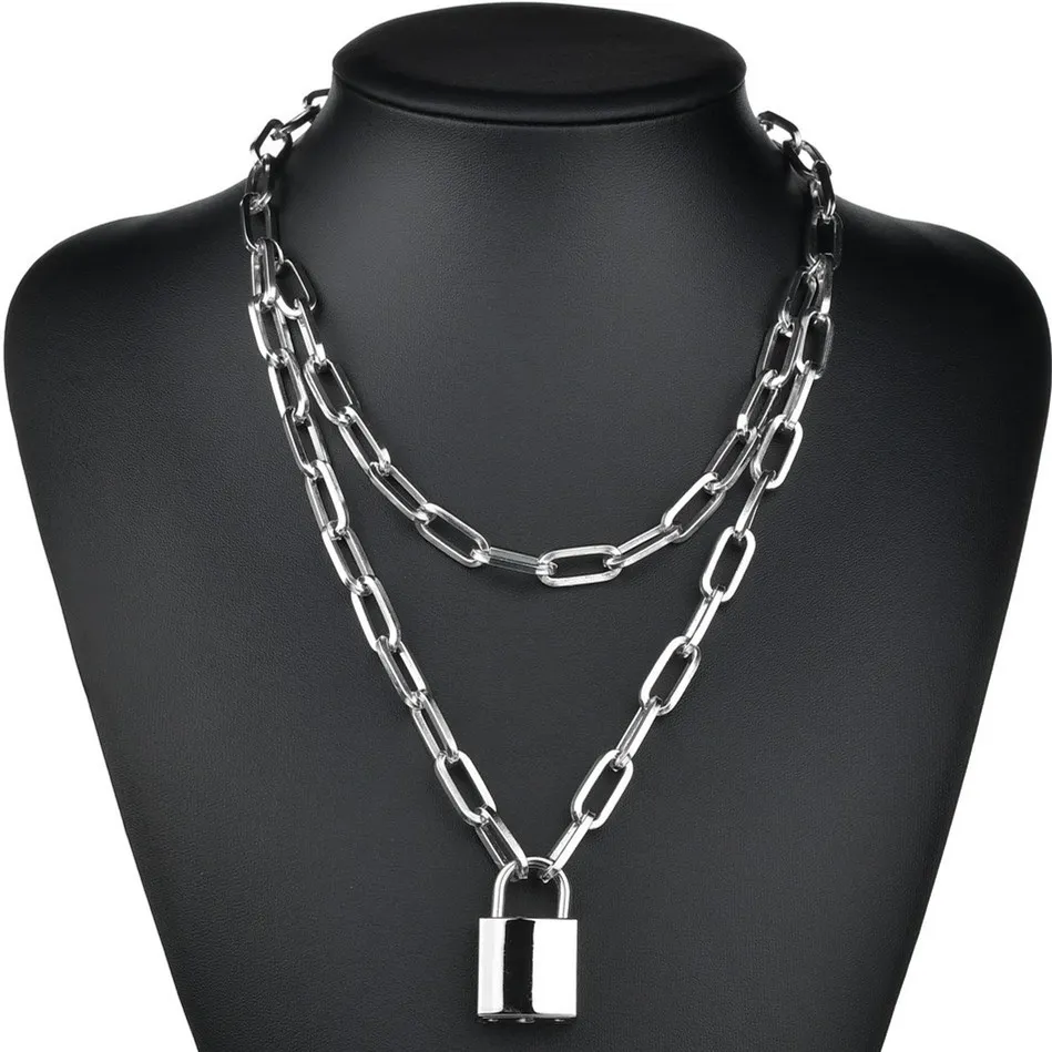 DIEZI mode Double couche serrure argent or couleur chaîne collier hommes Punk lien chaîne cadenas pendentif collier pour femmes bijoux