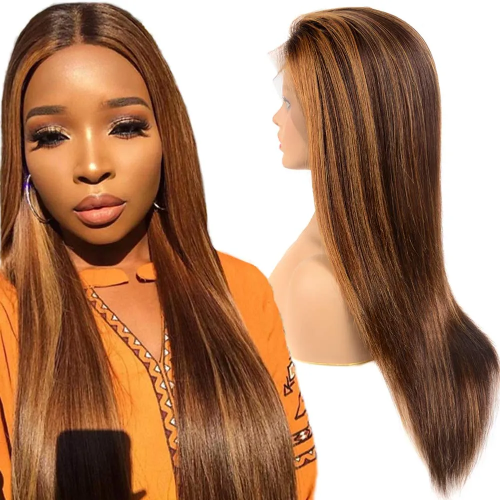 150 Densitet Pre Plucked Long Ombre Brown Peruvian Straight Body Wave Lace Front Pärlor 13x4 Remy Human Hair Wigs Färg 4 # / 30 # Kan färgas