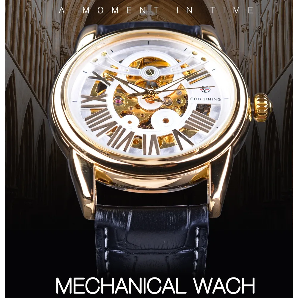 ForSining Watch Official Exclusive Limited Men Golden Bezel äkta läderbälte Mens Automatic Skeleton Watch Top Brand Luxu2366