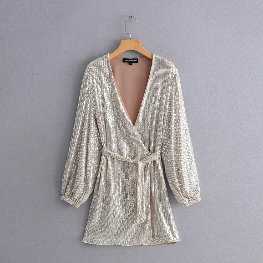 Femmes robes argent paillettes femme Sexy col en v profond Sequin Mini robe moulante automne hiver à manches longues robe de soirée pour dames