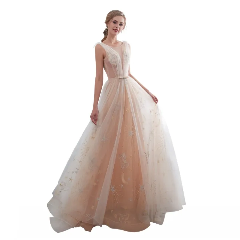 Echter Pastell-Mond und Sterne, A-Linie, Rüschen, Schärpen, formelles Abendkleid, Juwel, ärmellos, Schnürung, rückenfrei, 2019 Ballkleider, Brautparty-Kleid-9