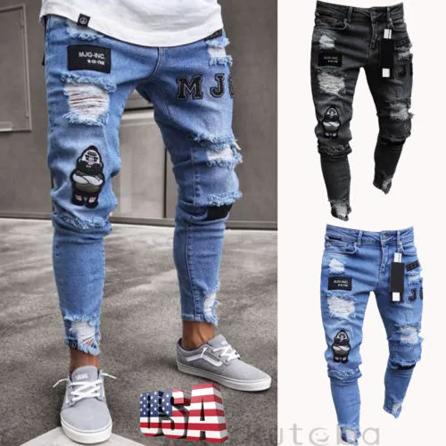 USA Trendy Men's Skinny Jeans Biker Destroyed Frayed Slim Fit Denim Ripped Pants