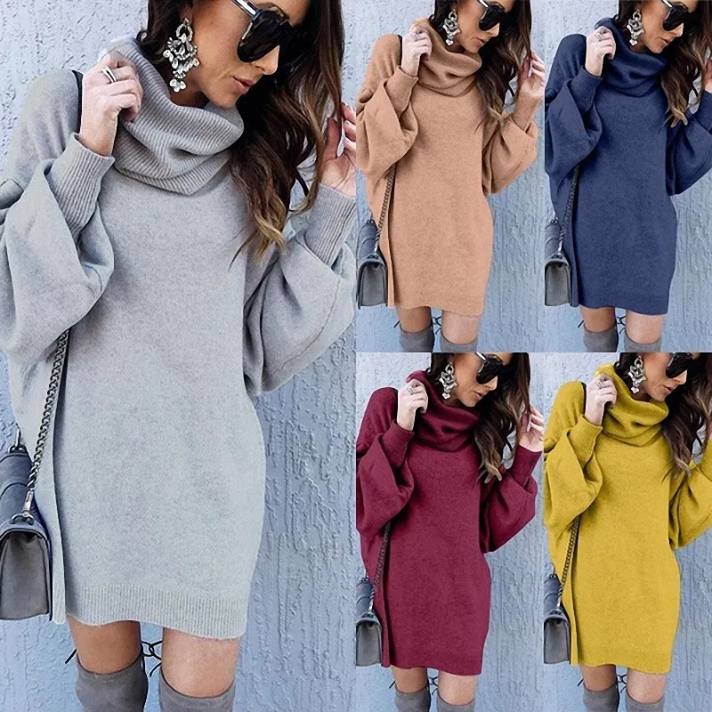 Femmes robe à tricoter mode pull hiver col de tortue en vrac chandails tricotés à manches longues dessus de couleur unie femmes automne femme pull