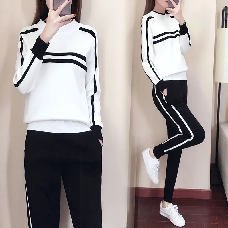 여성 Tracksuits 2019 가을 패션 라운드 칼라 스웨터 + 슬림 바지 니트 정장 숙 녀 스트라이프 두 조각 세트 twinset 2 pcs 세트