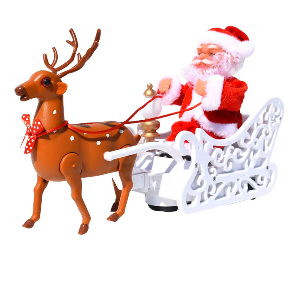 Santas Electric Deer Cart Plush Xmas Doll Decoration For Home/Party