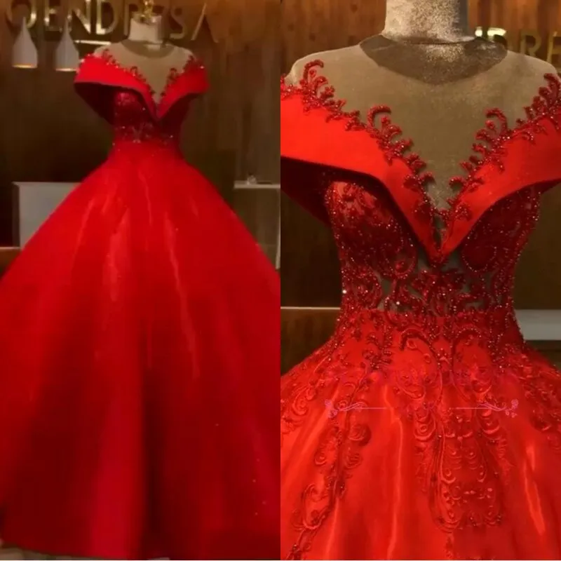 Red Ball Gown Plus Size Puffy Wedding Dresses New Elegant Off Shoulder Appliques Beads Corset Puffy Long Bridal Gowns Formal Dress BC0680