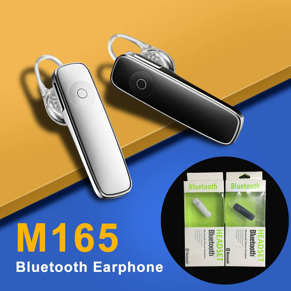 M165 핫 무선 스테레오 블루투스 헤드셋 이어폰 이어폰 미니 무선 블루투스 핸즈프리 핸즈프리 보편적 인 소매 패키지가있는 휴대 전화 용 유니버설