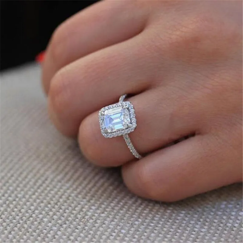 Size 5-10 Sparkling Luxury Jewelry 100% Real 925 Sterling Silver Emerald Cut White Topaz CZ Diamond Gemstones Promise Women Wedding Ring