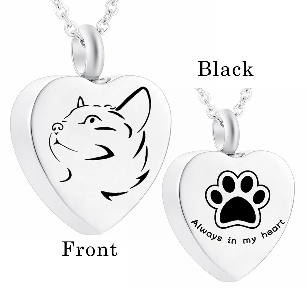 Stainless Steel Memorial Heart Pendant For Dog Cat , Pet Paw Print Urn Necklace For Ashes Cremation Jewelry Suit of Gift Velvet Bag