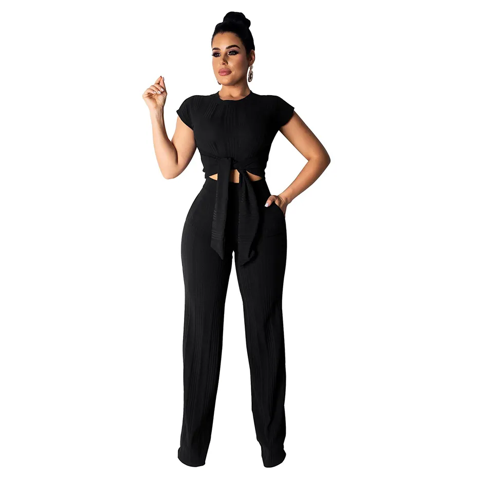 2019 Lato Hot Fashion 2 Piece Zestawy Kobiety Solidna Knot 4-Color Jumpsuits Lady O-Neck Krótki rękaw Hollow Out Sumpsu