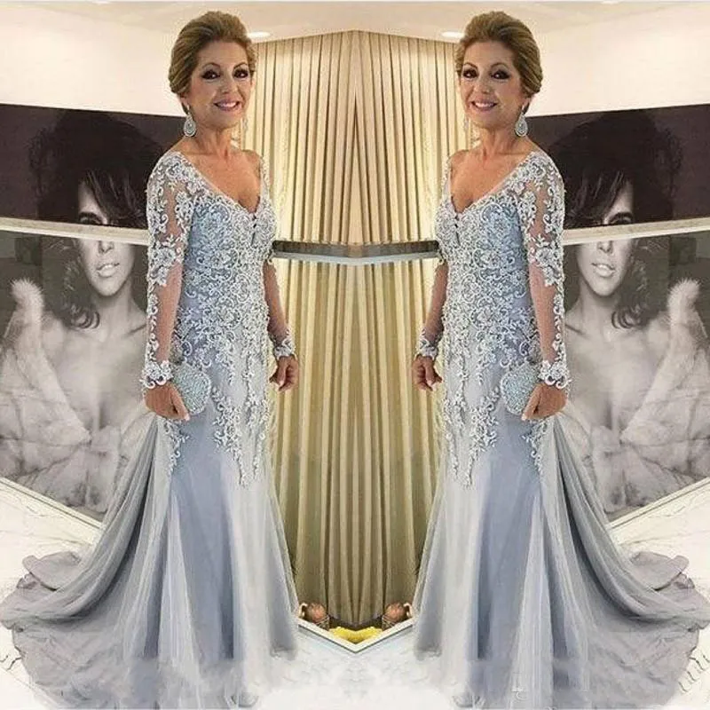 Cinza Sereia Mãe Dos Vestidos de Noiva Sheer Mangas Compridas Nova 2019 Com Decote Em V Lace Frisado applique Noivo Mães Vestidos Vestidos de Festa À Noite