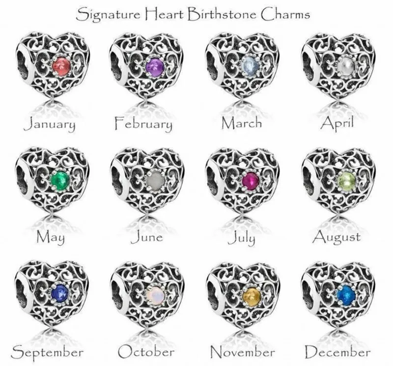 Designer S925 Sterling Silver Signature Coeur Birthstone Bracelet Charm Perles Fit Pour Européenne Pandora Bracelet DIY Perle Charmes