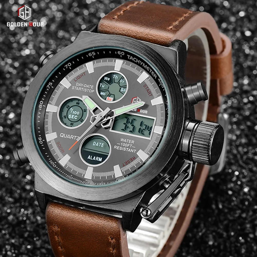 Goldenhour Dropship Men Quartz Watch Digital Display Wristwatch Military Leather Watches防水男性時計RelogioMasculino