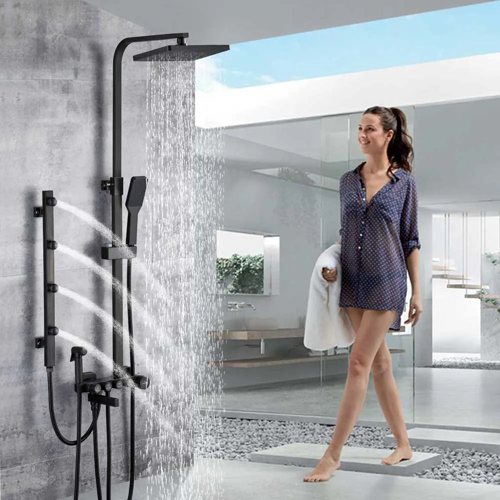 Black Body Massage Jet Faucet Set Bath Shower System with Swivel Spout Rainfall Shower Head Brass Handheld Bidet Sprayer 2024