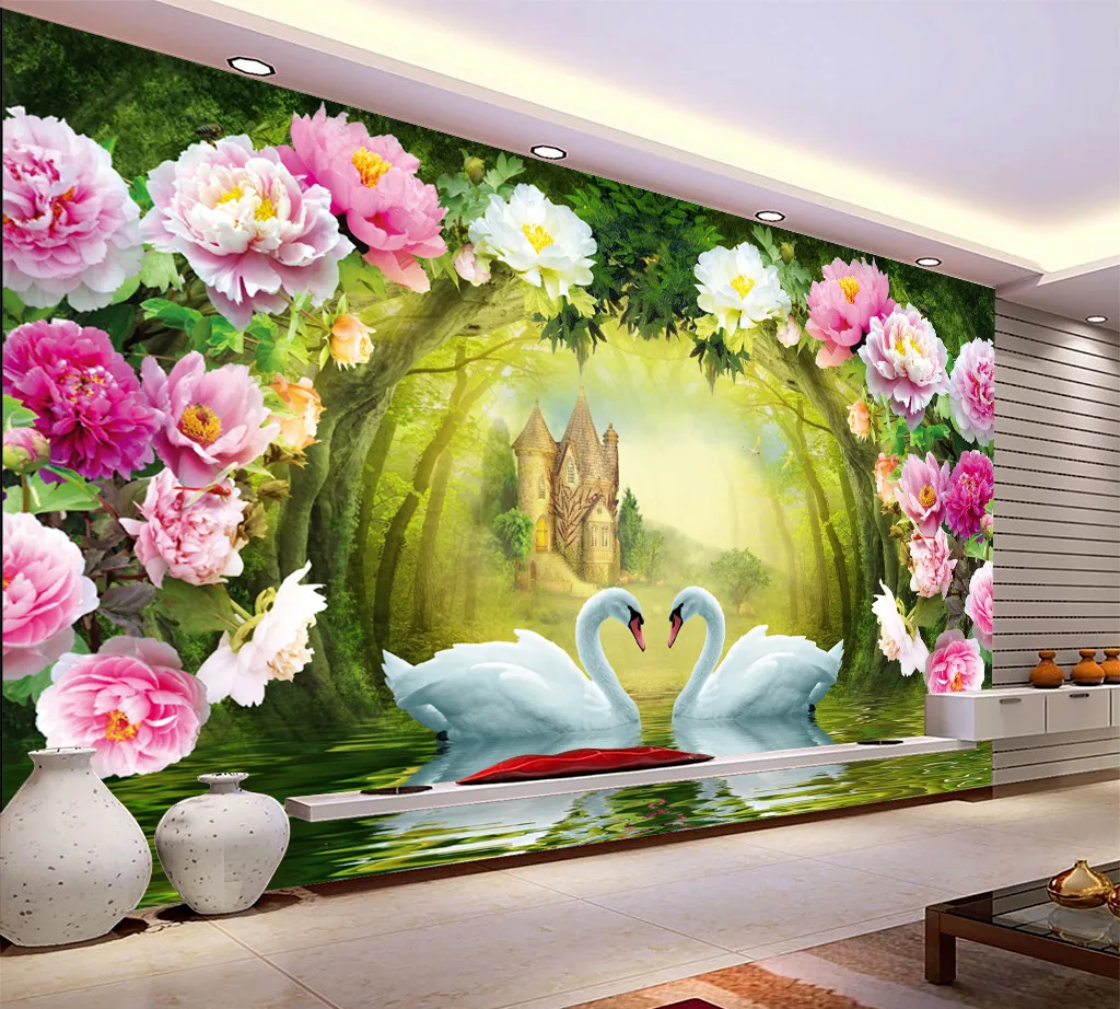 Swan Lake under the beautiful flower garland Digital Printing HD Decorative Beautiful Wallpaper